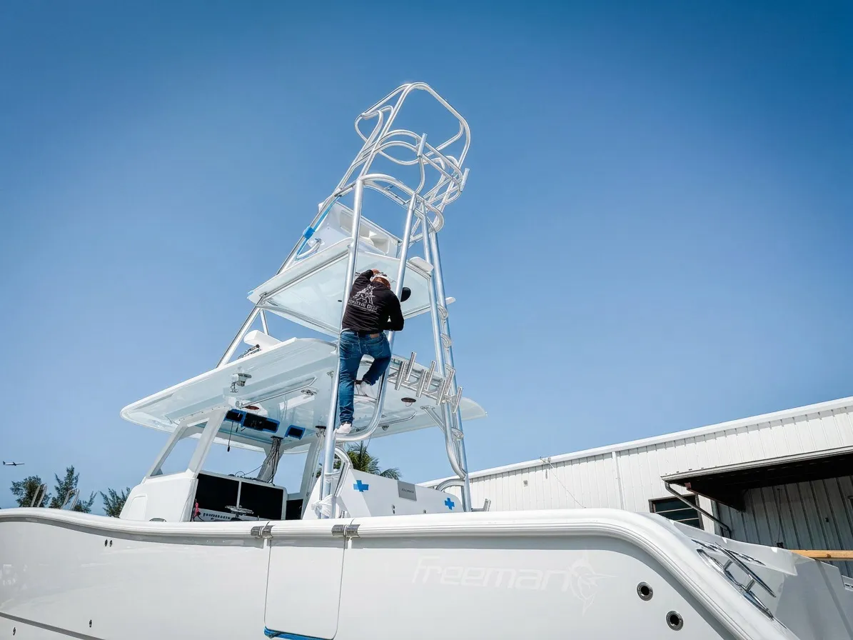 The closing shot — a finished tower or hardtop, ideally out on the water